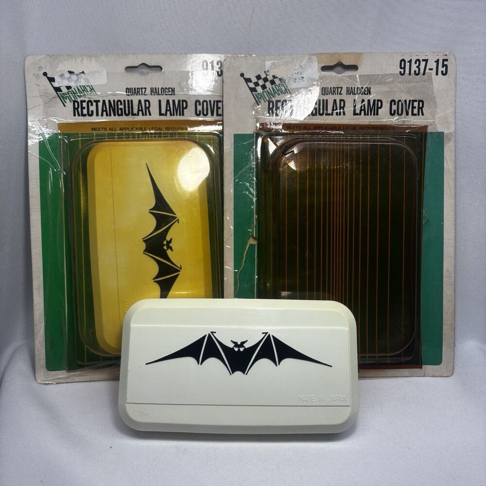 VTG Monarch Halogen Rectangular Lamp Covers Pair White Bat Emblem NOS RARE